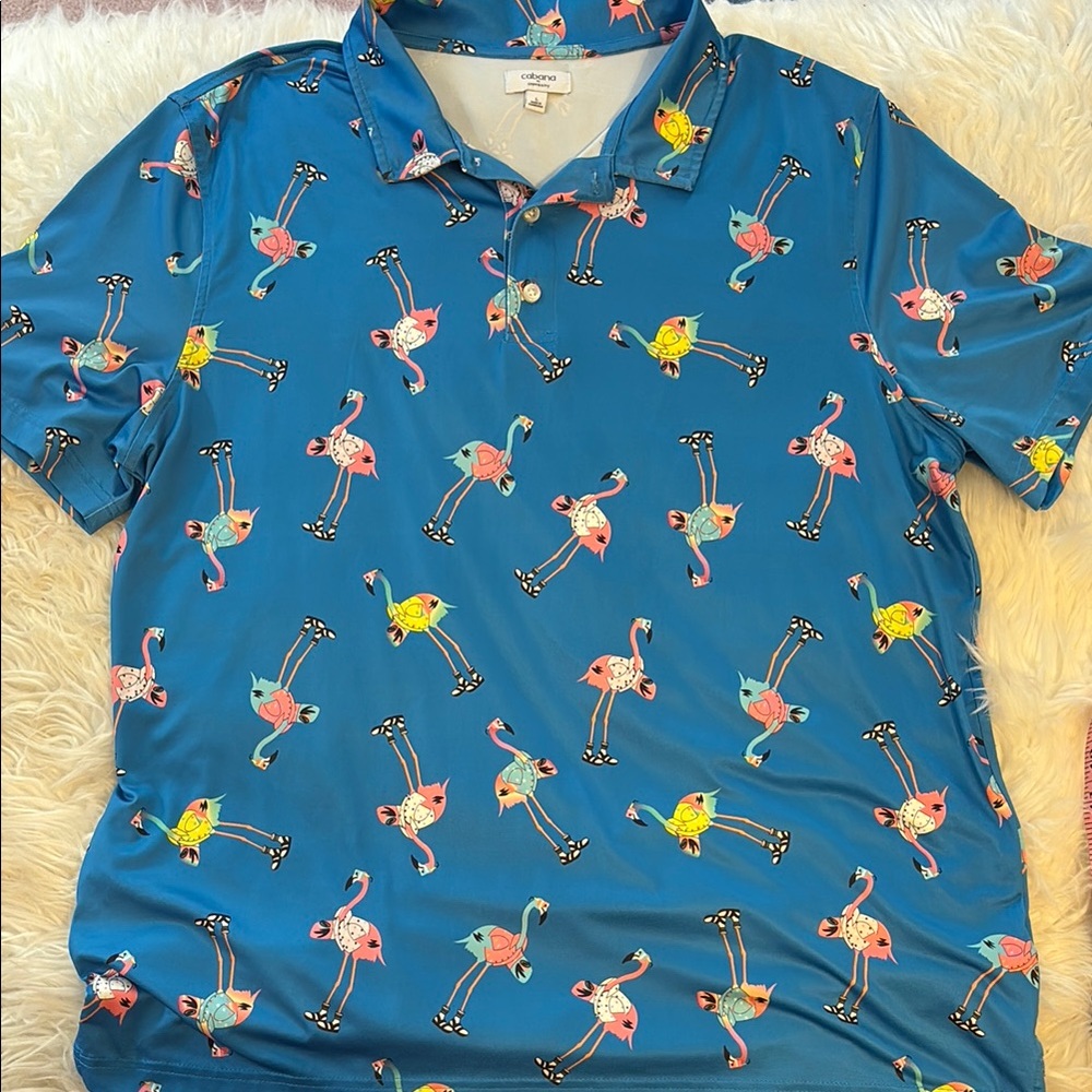 Cabana by Crown & Ivy Flamingo Novelty Print Polo Shirt Mens Sz L